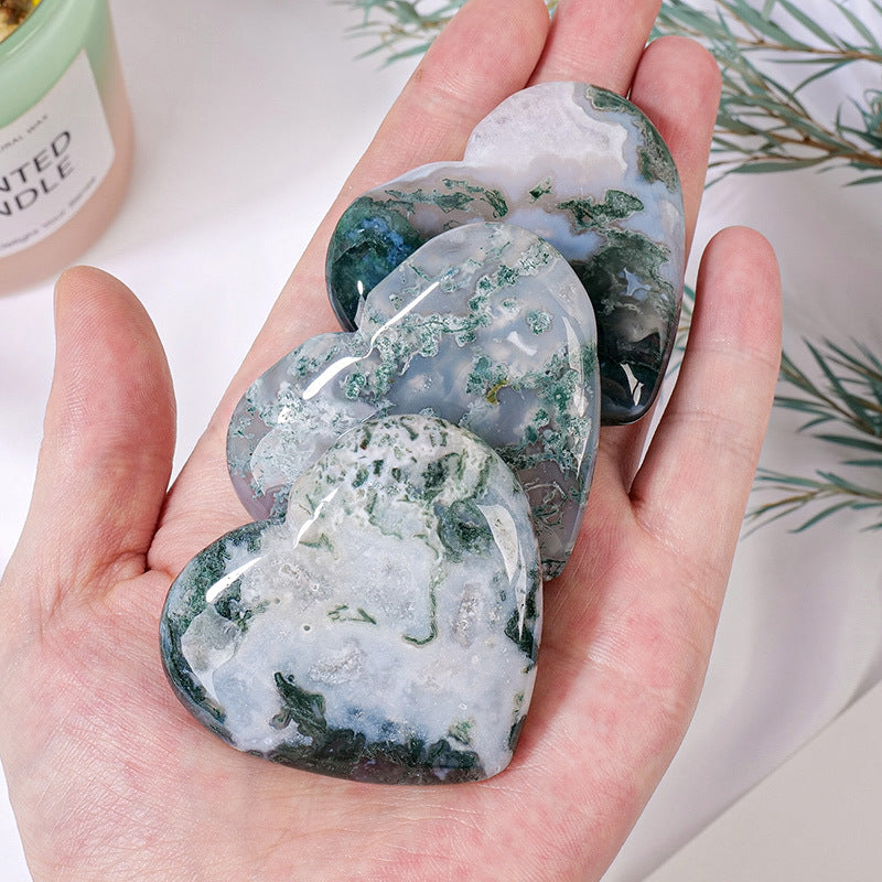 Natural Moss Agate crystal heart carving