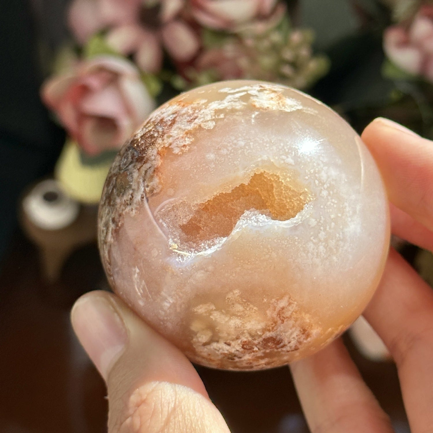 Natural Flower Agate crystal sphere with cherry blossom patterns