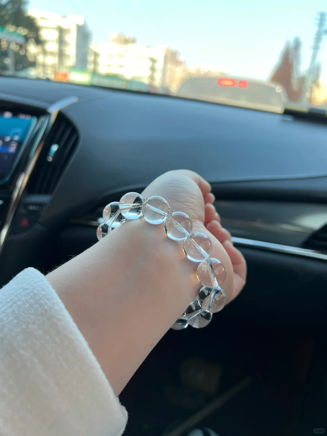 Natural Clear Quartz bead bracelet shown from another angle