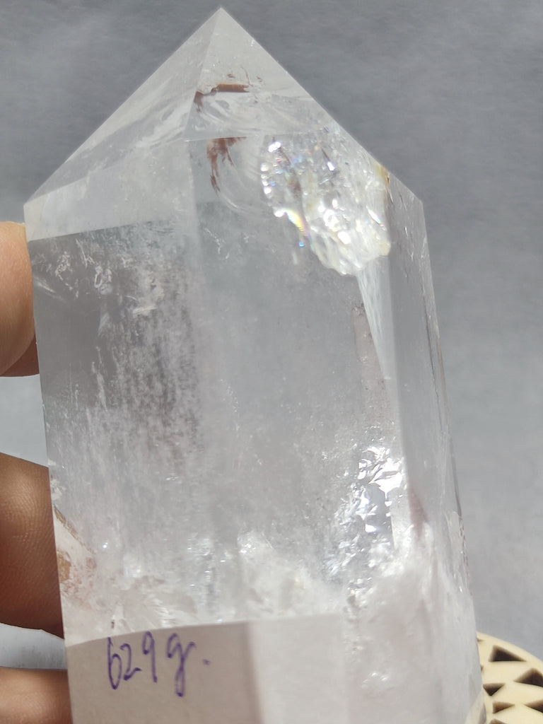 Large Clear Quartz Tower Point Generator Amplify Energy Clarity in Your Space 629g with Rainbow