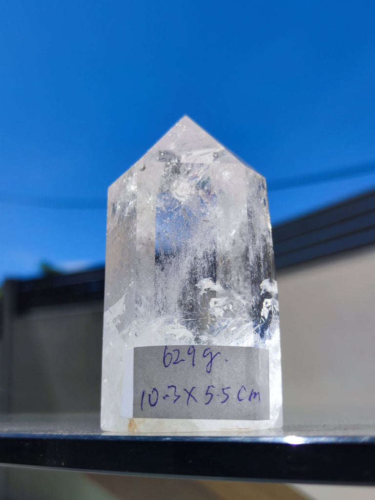 Large Clear Quartz Tower Point Generator Amplify Energy Clarity in Your Space 629g with Rainbow