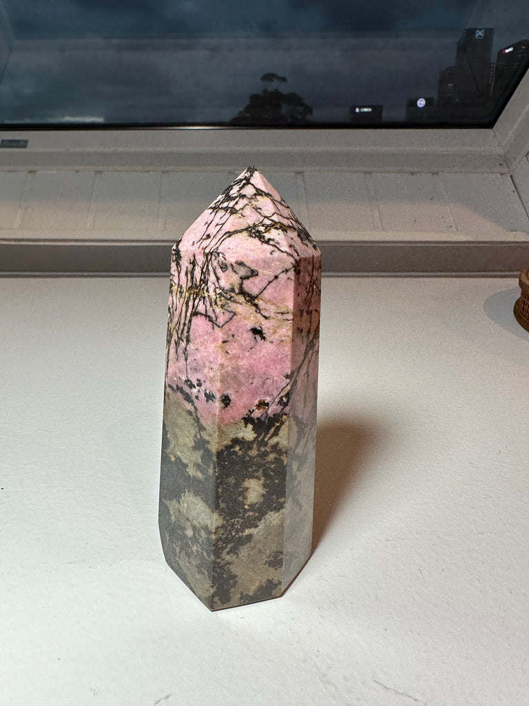 large rhodonite tower point generator- Awaken your heart and nurture deep healing with this stunning