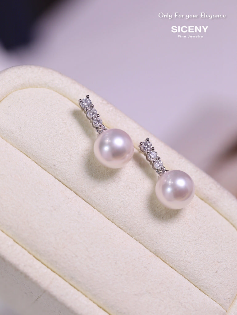 8.5mm AAAAA Akoya Pearl Earrings w/ Diamond | 18K Solid White Gold | Top Grade Pearl Earrings