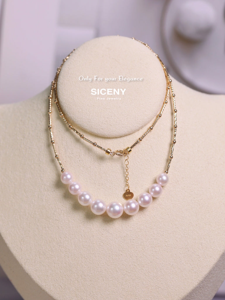 AAAAA Akoya Pearl Bar Smile Necklace | 18K Solid Gold | Japanese Akoya Pearls