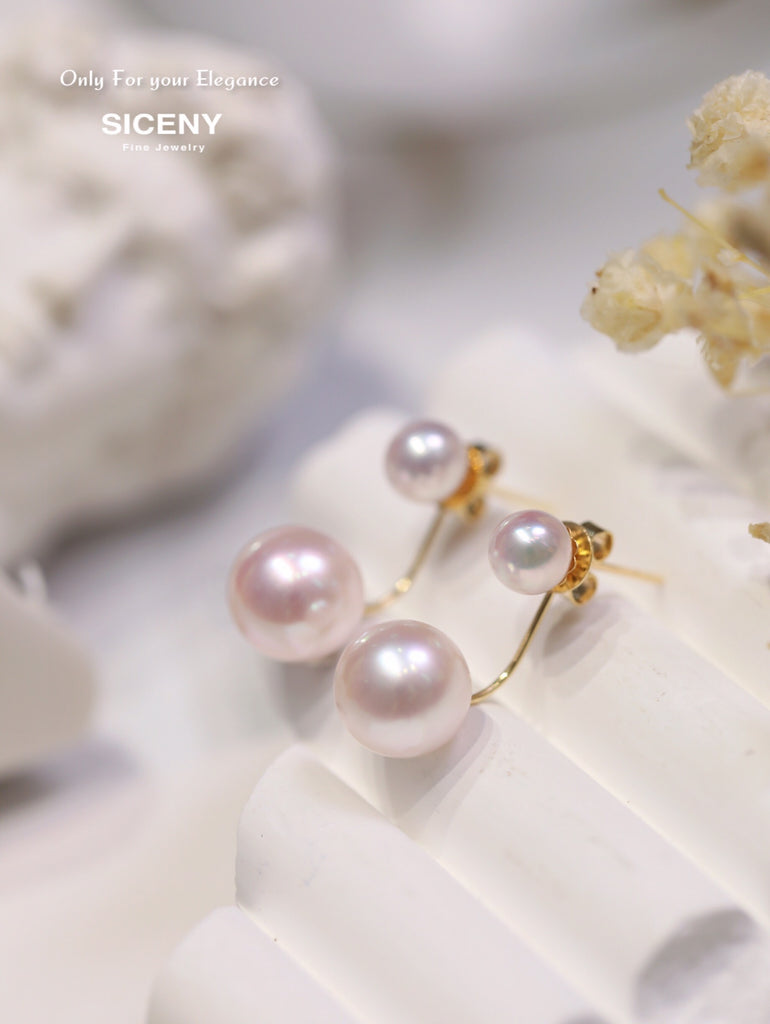 AAAAA Clean Top Grade Akoya double Pearls Earrings , 8.3mm authentic natural akoya pearls with 18K Solid yellow Gold