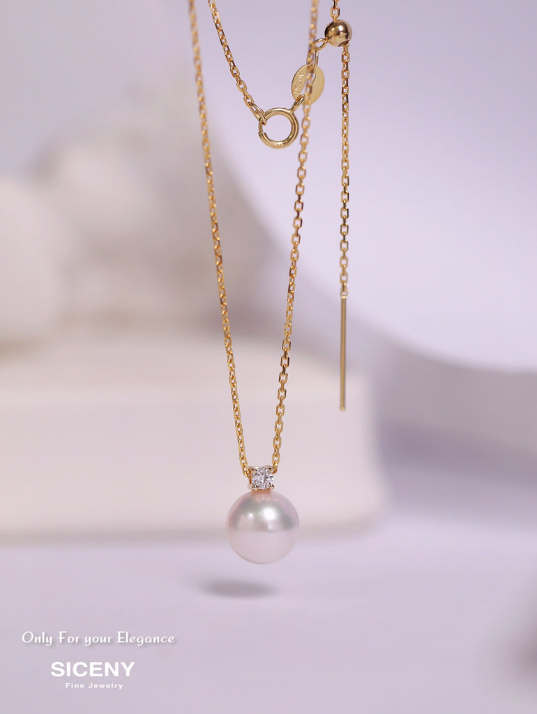 8.1mm AAAAA Akoya Pearl Necklace w/ Diamond (0.05ct) | 18K Yellow Solid Gold | Luxury Jewelry