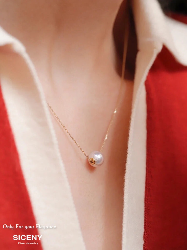 8.5mm AAAAA Top Grade Akoya Floating Pearl Necklace| 18K Solid Yellow Gold | Gift for Her