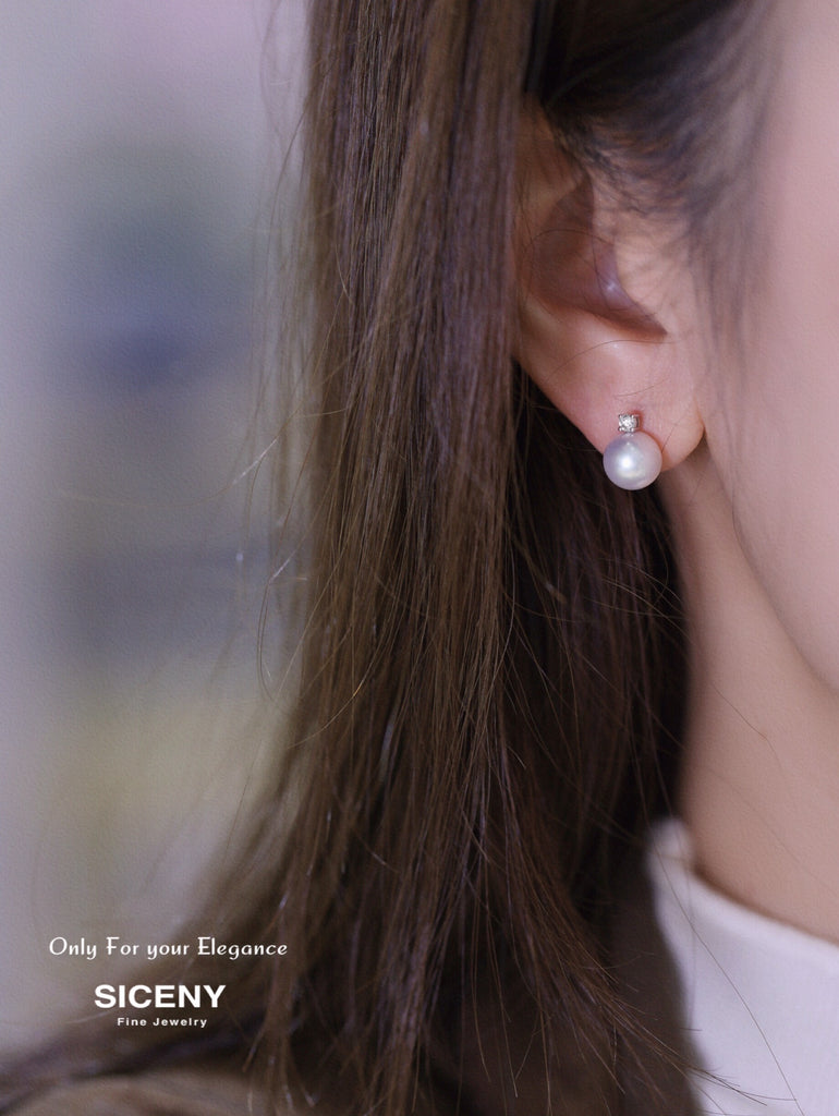 Stunning 7.8mm AAAAA Akoya Pearl Earrings w/ Diamond (0.12ct) | 18K White Gold | Luxury Earrings