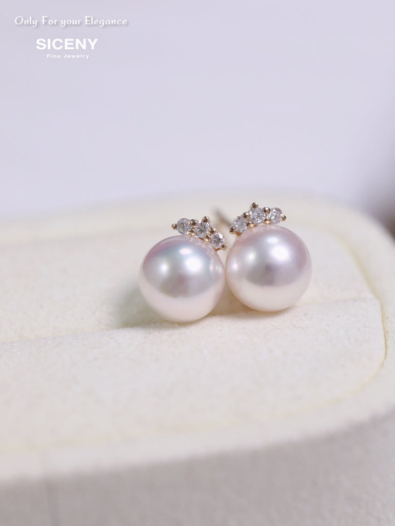 Mesmerizing 8.5mm AAAAA Akoya Pearls w/ Triple Diamonds (0.2ct) | 18K Yellow Gold | Statement Earrings
