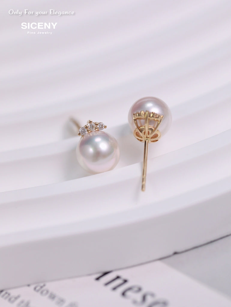Mesmerizing 8.5mm AAAAA Akoya Pearls w/ Triple Diamonds (0.2ct) | 18K Yellow Gold | Statement Earrings