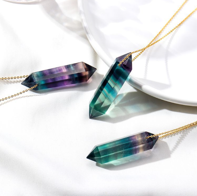 Natural rainbow fluorite crystal necklace with gold-plated chain