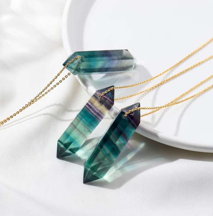 Natural fluorite crystal pendant necklace photographed in Sydney