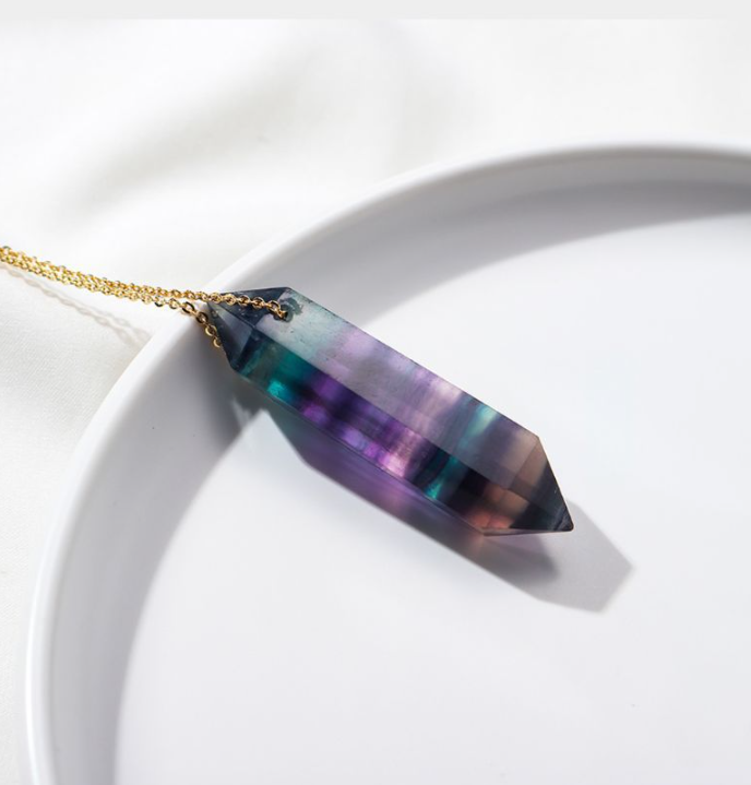 Gift-ready rainbow fluorite crystal necklace with gold-toned chain