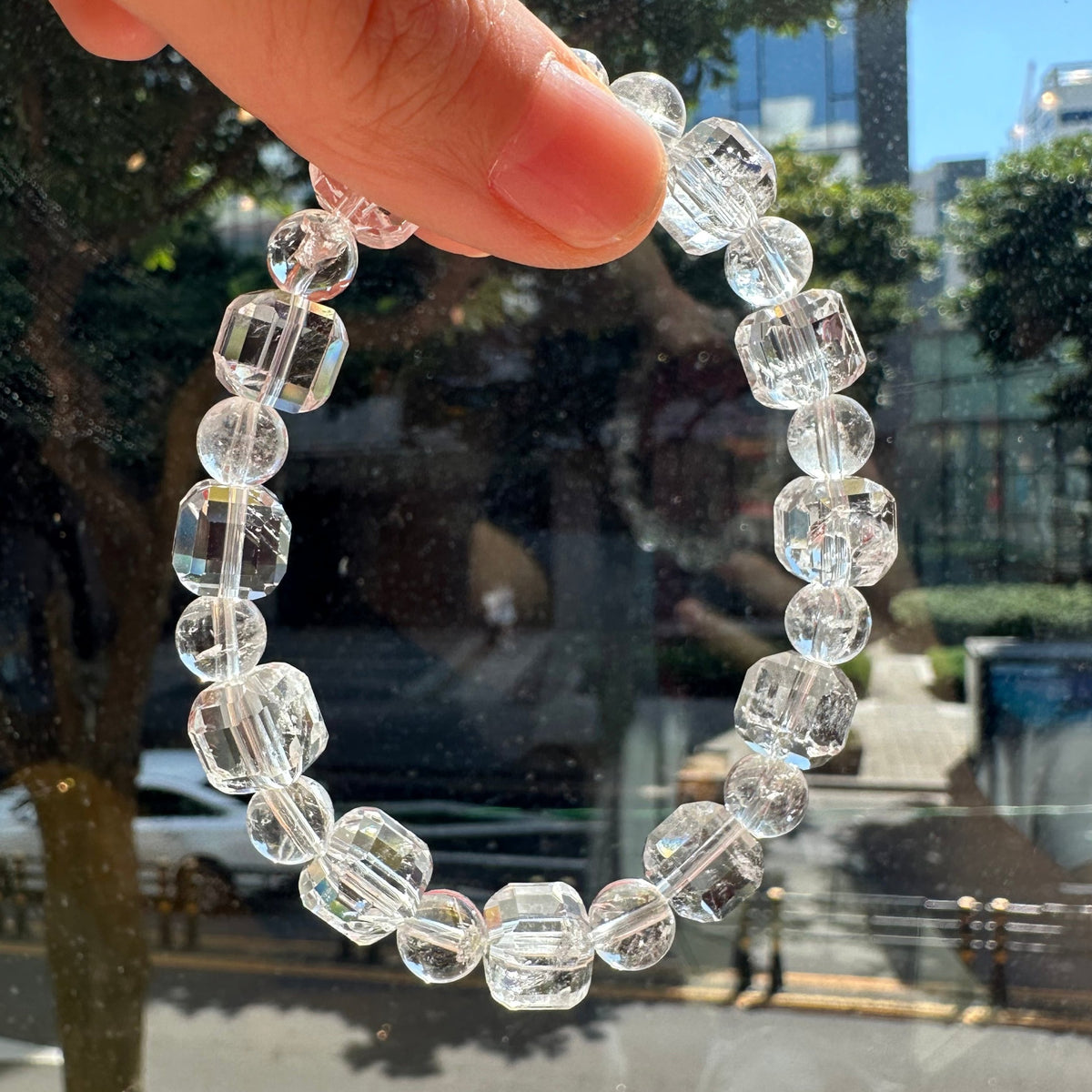 Clear Quartz Bracelet | 10mm Faceted Cubes & 8mm Beads