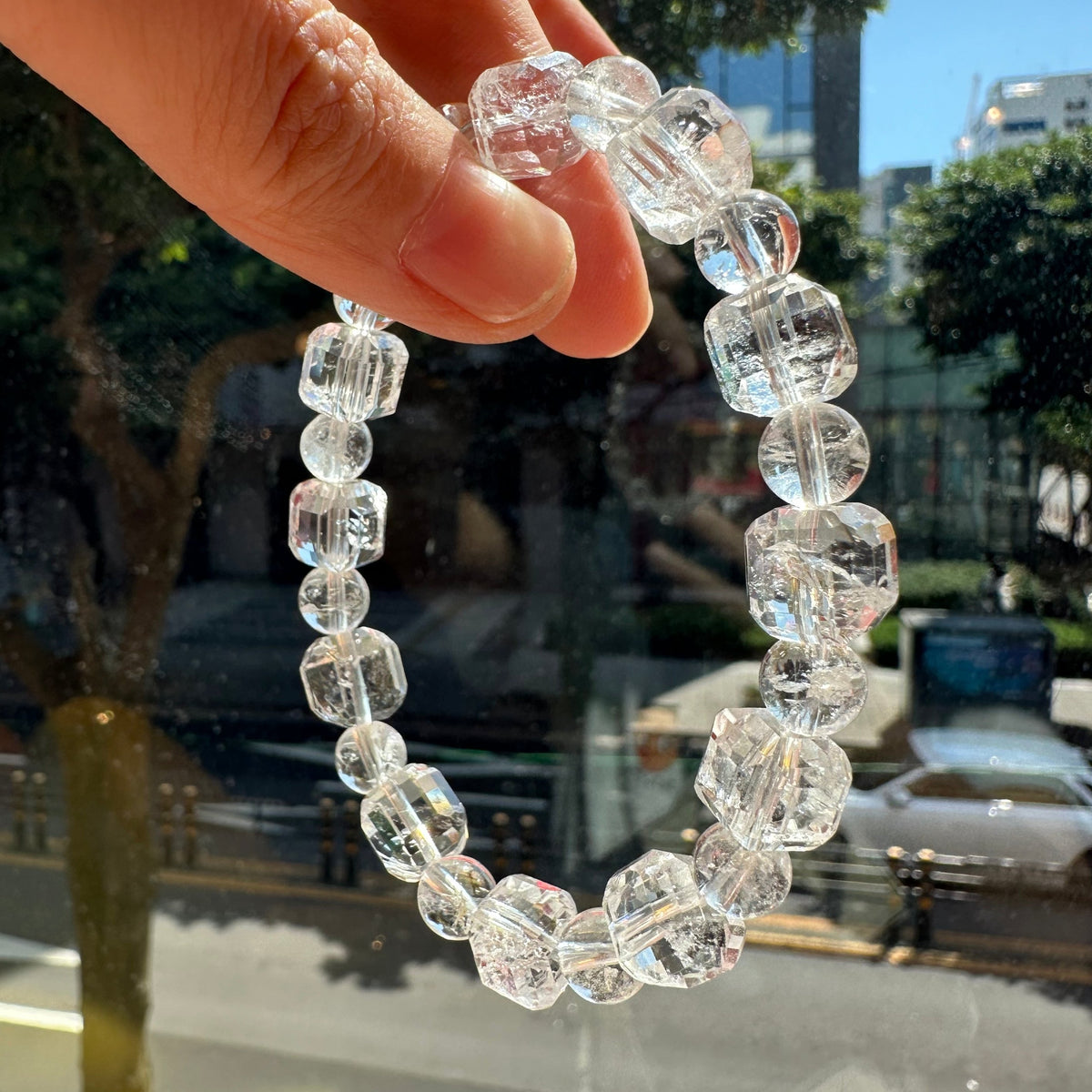 Clear Quartz Bracelet | 10mm Faceted Cubes & 8mm Beads
