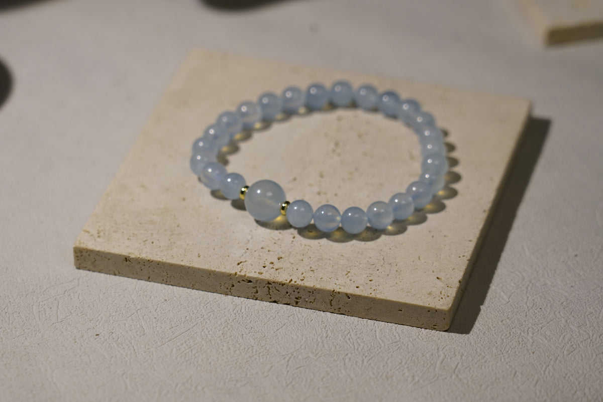 Aquamarine Bracelet | 7mm Beads, 10mm Centre & Gold-Plated Spacers