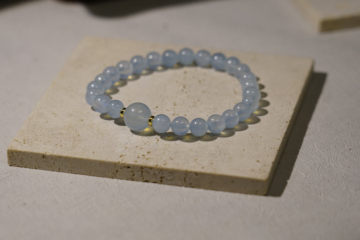 Aquamarine Bracelet | 7mm Beads, 10mm Centre & Gold-Plated Spacers