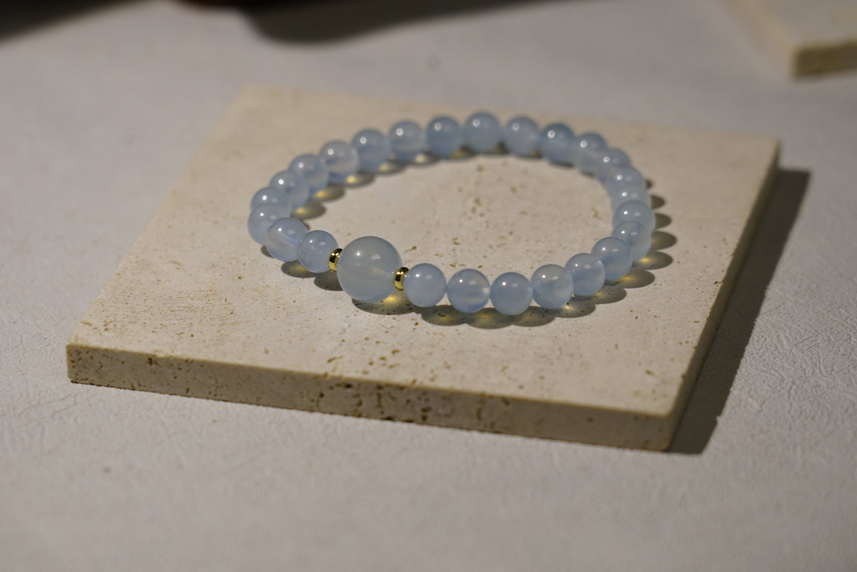 Aquamarine Bracelet | 7mm Beads, 10mm Centre & Gold-Plated Spacers