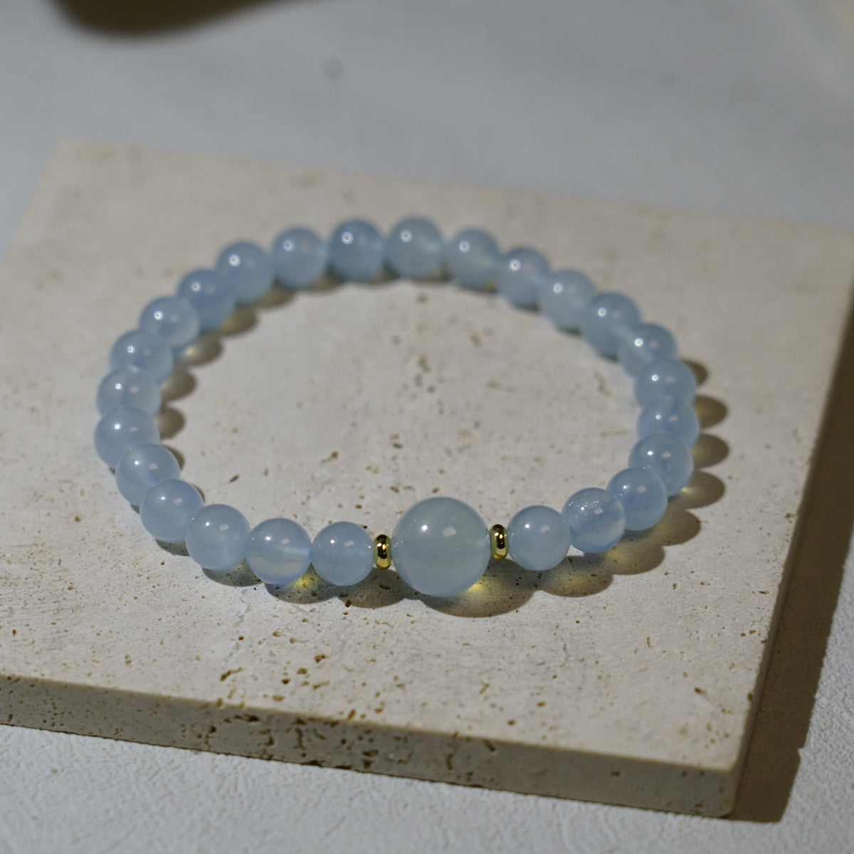 Aquamarine Bracelet | 7mm Beads, 10mm Centre & Gold-Plated Spacers