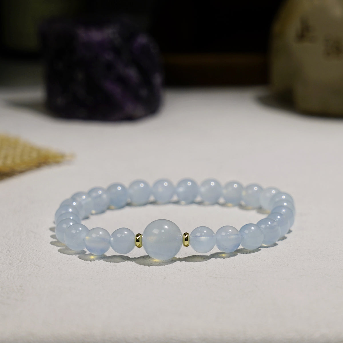 Aquamarine Bracelet | 7mm Beads, 10mm Centre & Gold-Plated Spacers
