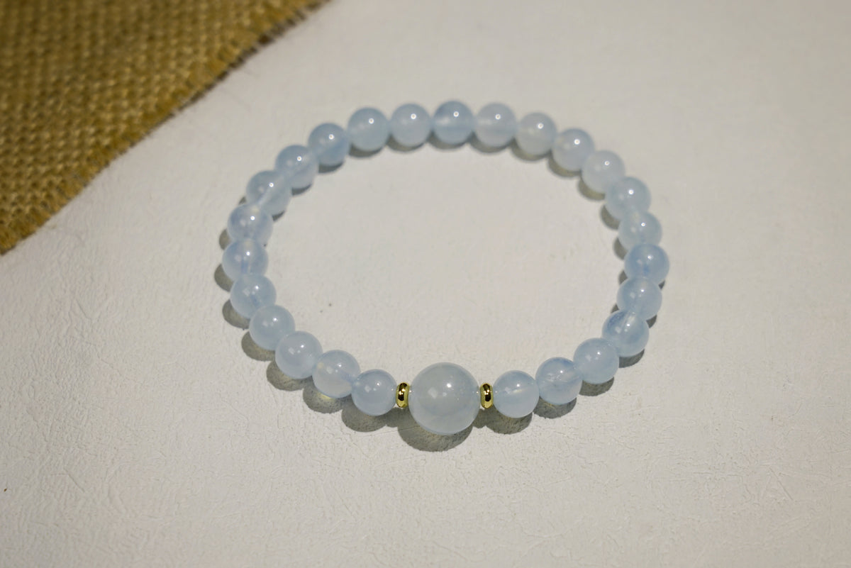Aquamarine Bracelet | 7mm Beads, 10mm Centre & Gold-Plated Spacers
