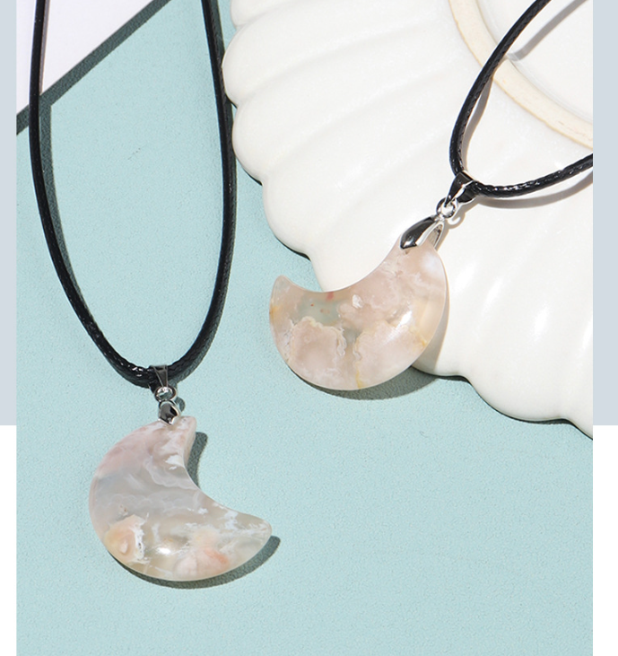 Flower Agate Moon Necklace | Natural Crescent Pendant 3cm