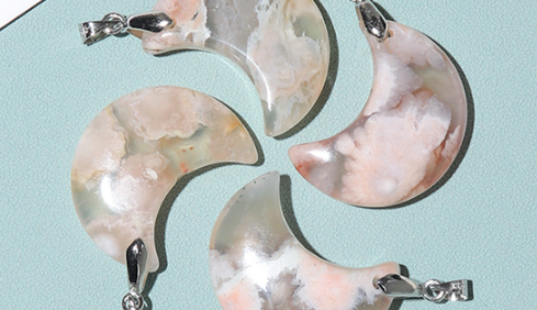 Flower Agate Moon Necklace | Natural Crescent Pendant 3cm