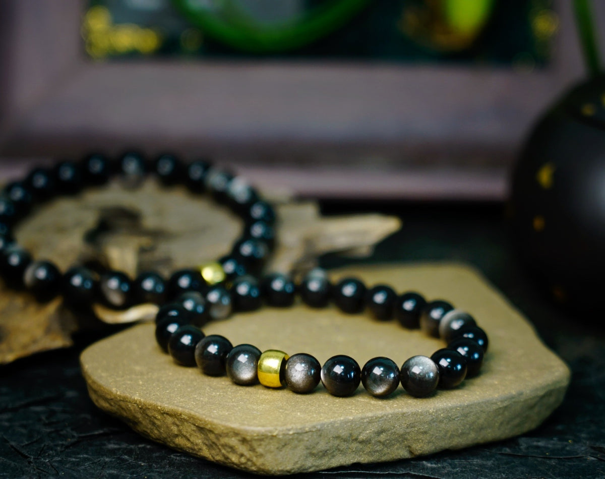 Silver Sheen Obsidian Bracelet | 7.5mm Stretch Beads