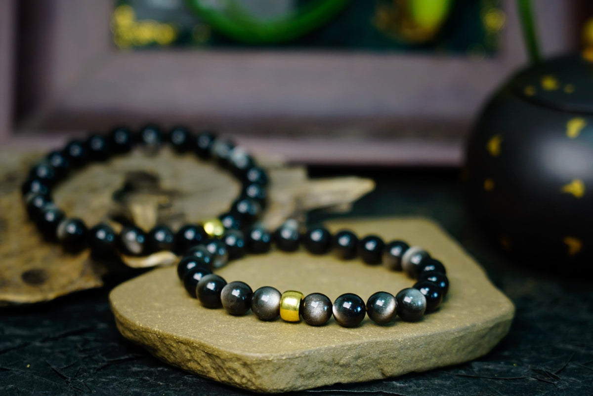 Silver Sheen Obsidian Bracelet | 7.5mm Stretch Beads