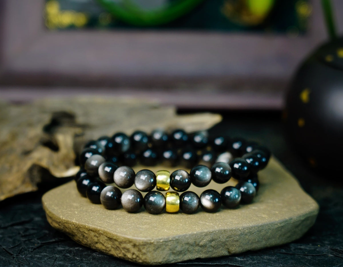 Silver Sheen Obsidian Bracelet | 7.5mm Stretch Beads