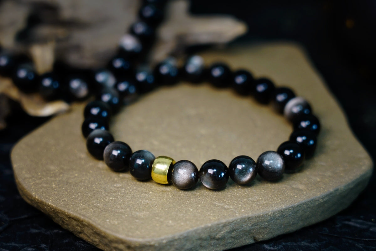 Silver Sheen Obsidian Bracelet | 7.5mm Stretch Beads