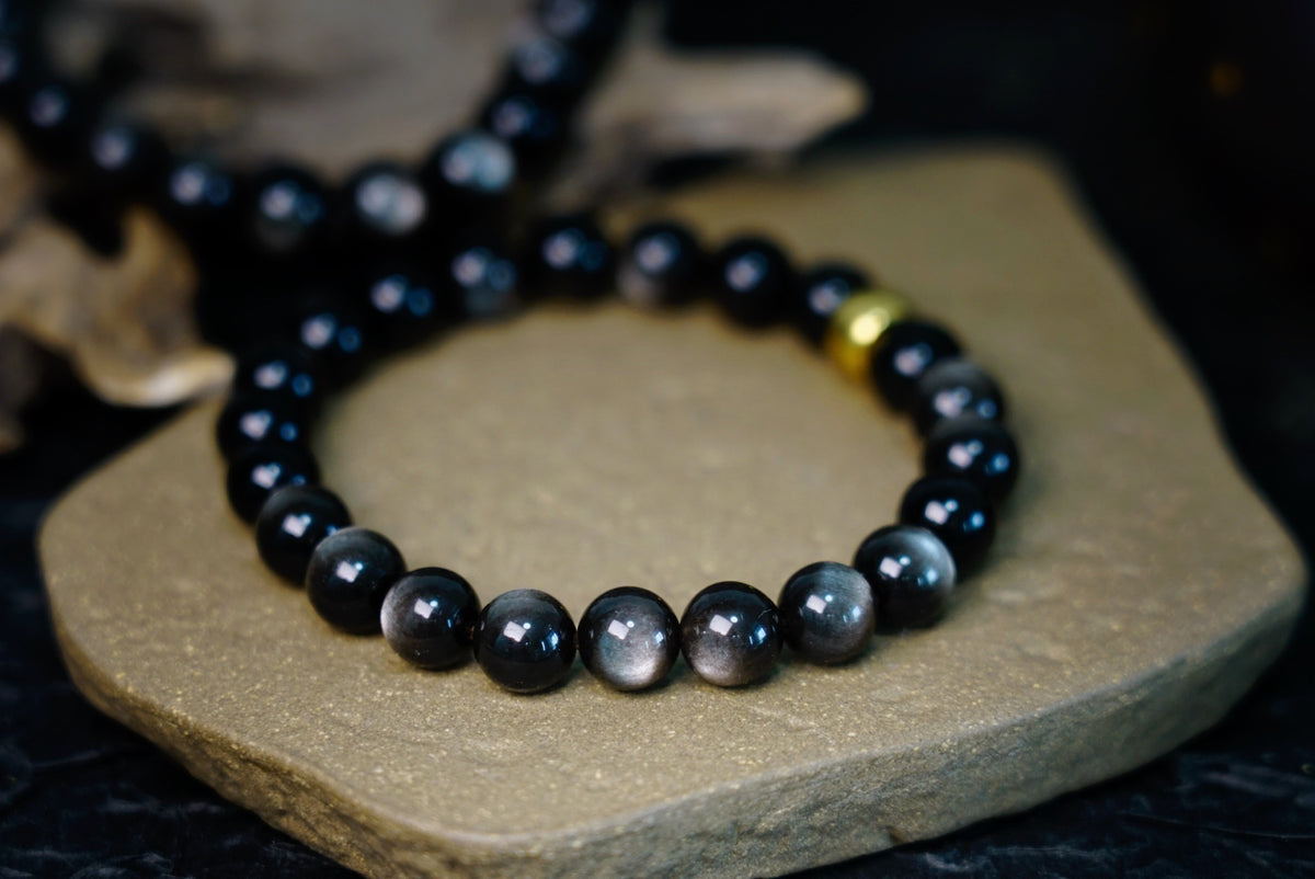 Silver Sheen Obsidian Bracelet | 7.5mm Stretch Beads