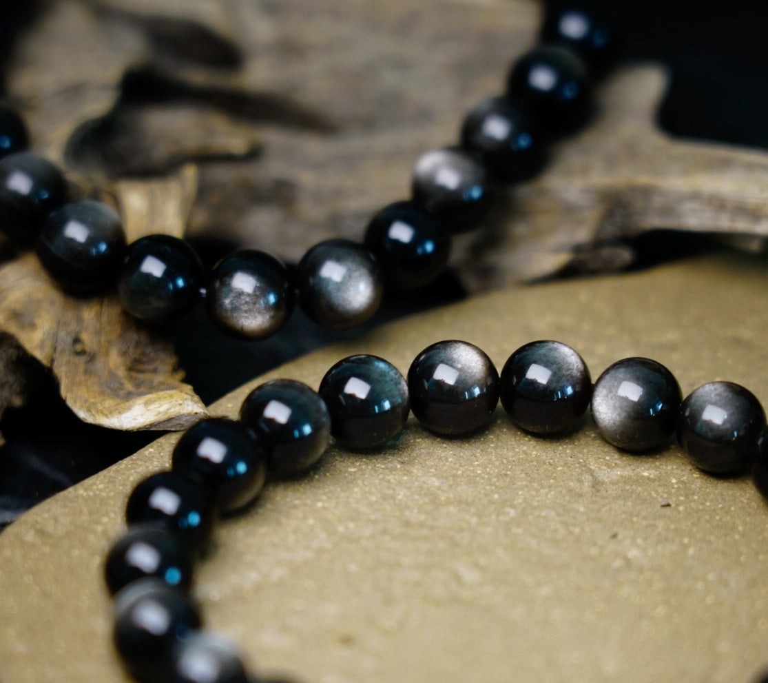 Silver Sheen Obsidian Bracelet | 7.5mm Stretch Beads