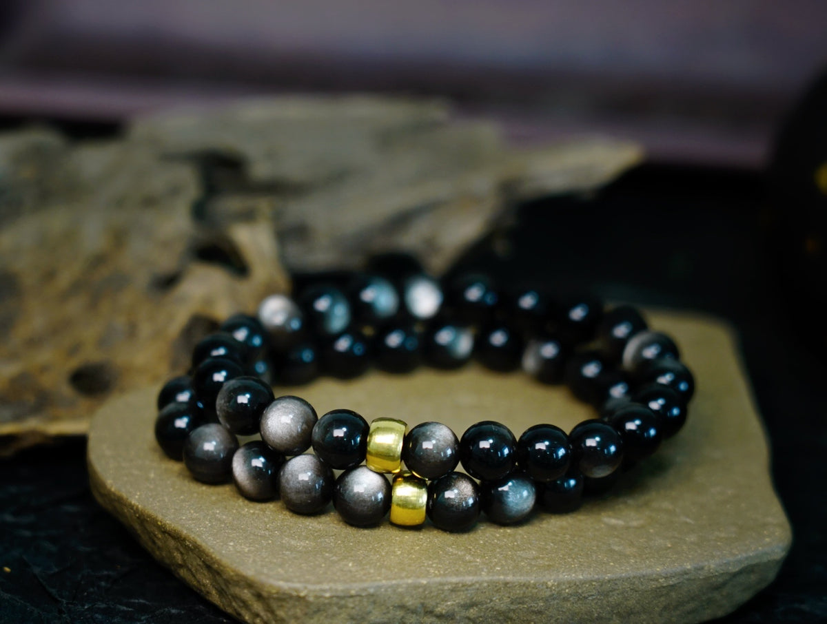Silver Sheen Obsidian Bracelet | 7.5mm Stretch Beads