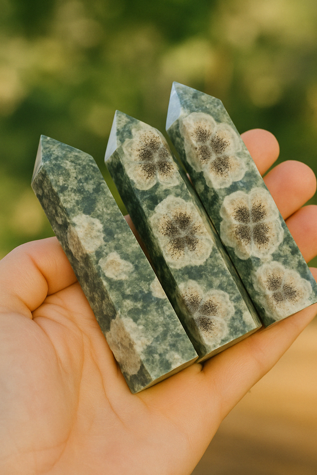 Green Flower Agate Tower – Natural Crystal Point 6–10cm product photo 4