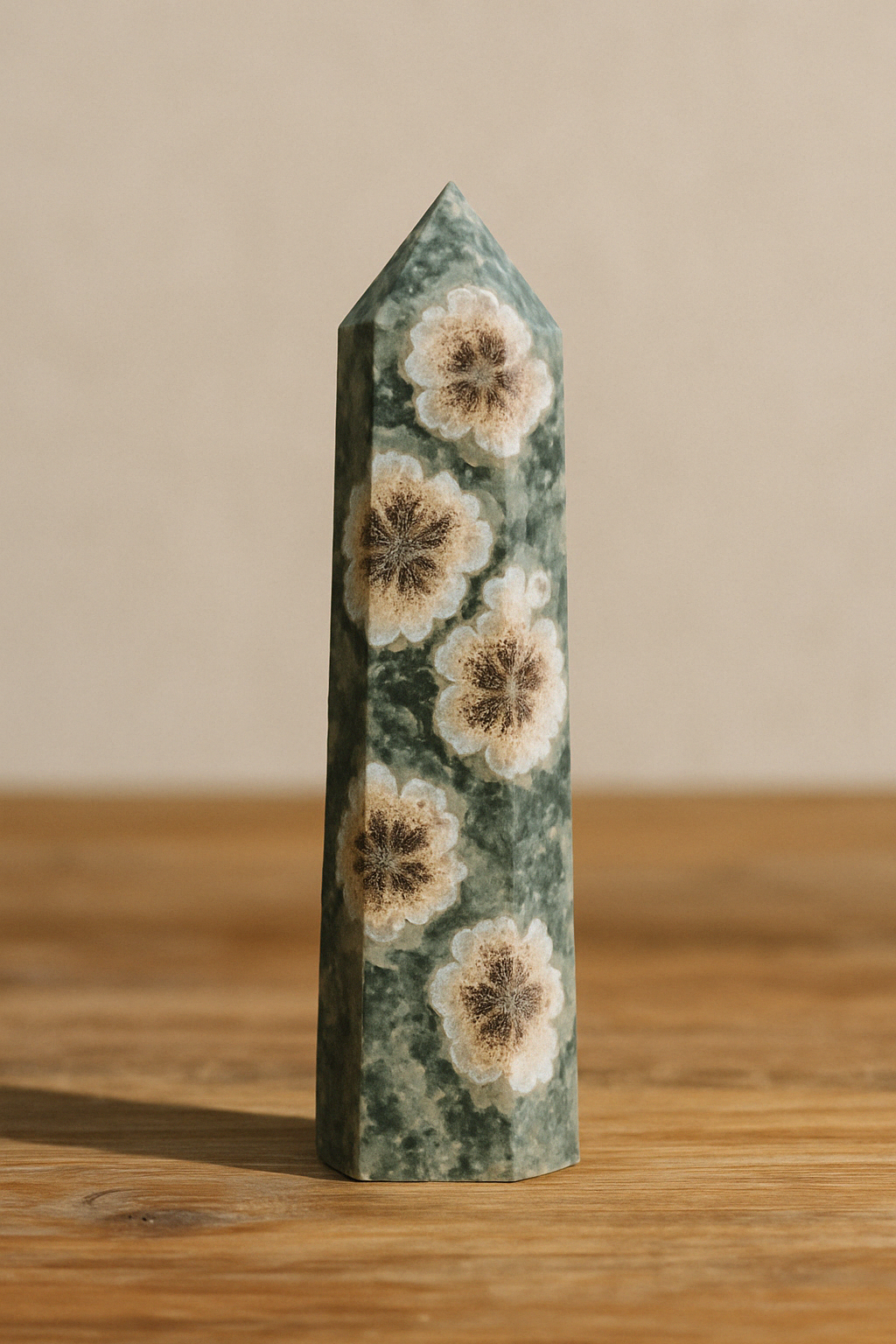 Green Flower Agate Tower – Natural Crystal Point 6–10cm product photo 3