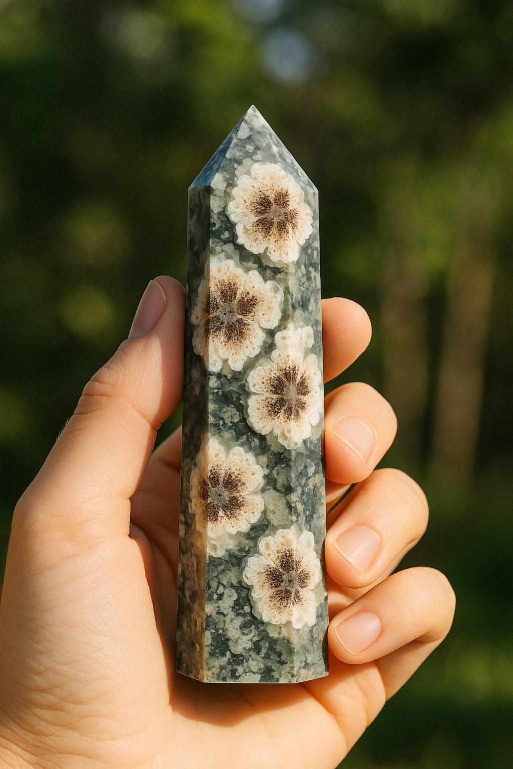 Green Flower Agate Tower – Natural Crystal Point 6–10cm product photo 2