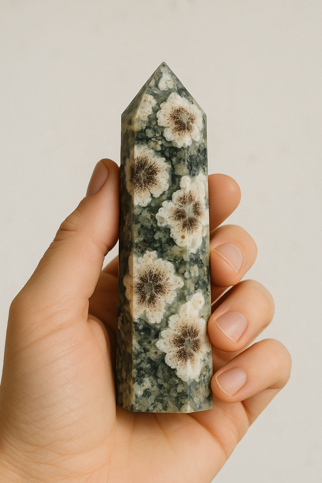 Green Flower Agate Tower – Natural Crystal Point 6–10cm product photo 1