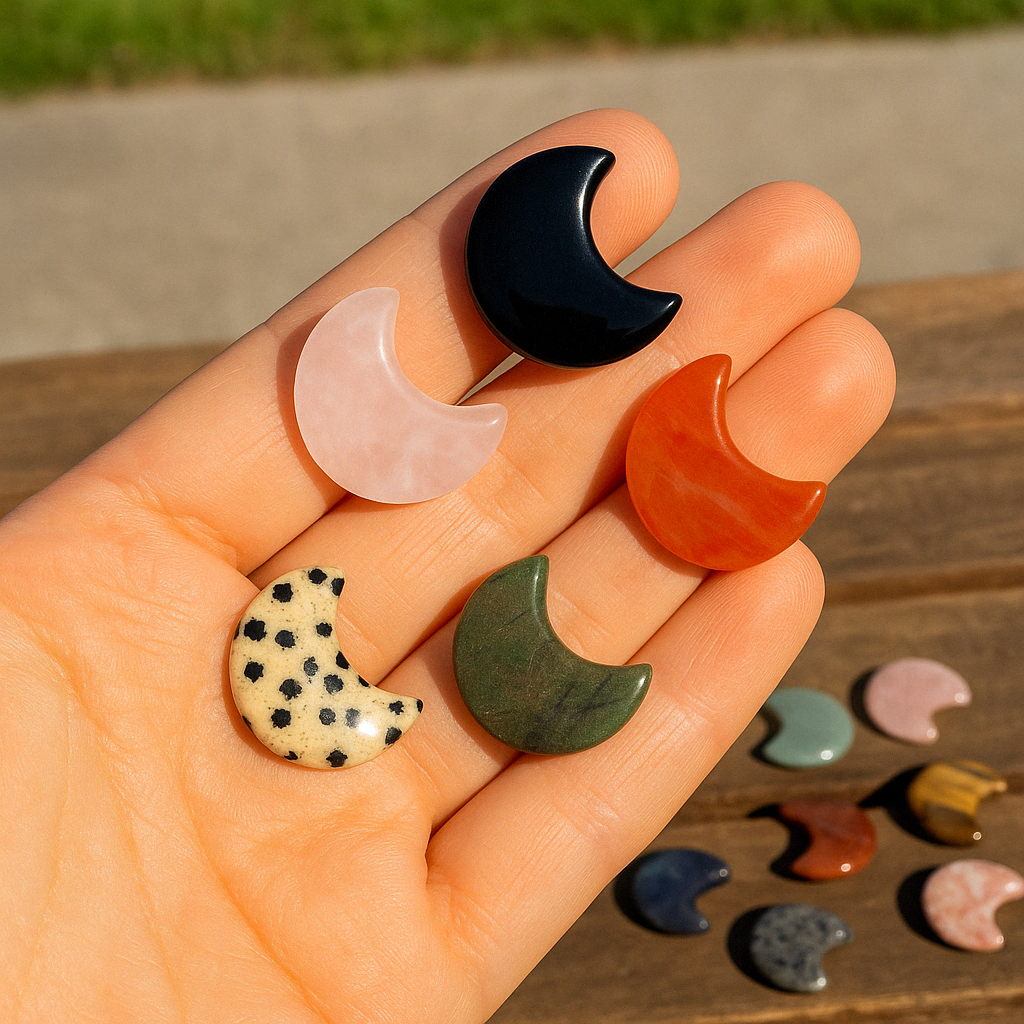 Mini Crystal Moon Set | 5 Mixed Natural Stone Carvings 3cm