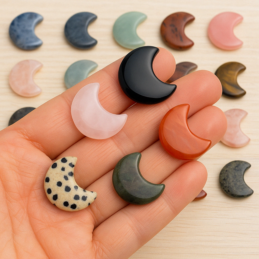 Mini Crystal Moon Set | 5 Mixed Natural Stone Carvings 3cm
