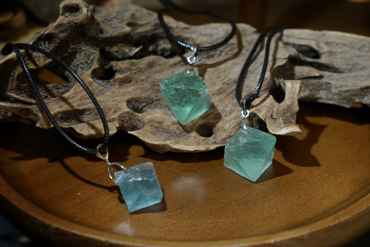 Blue Fluorite Cube Necklace | Natural 2cm Pendant on Vegan Cord