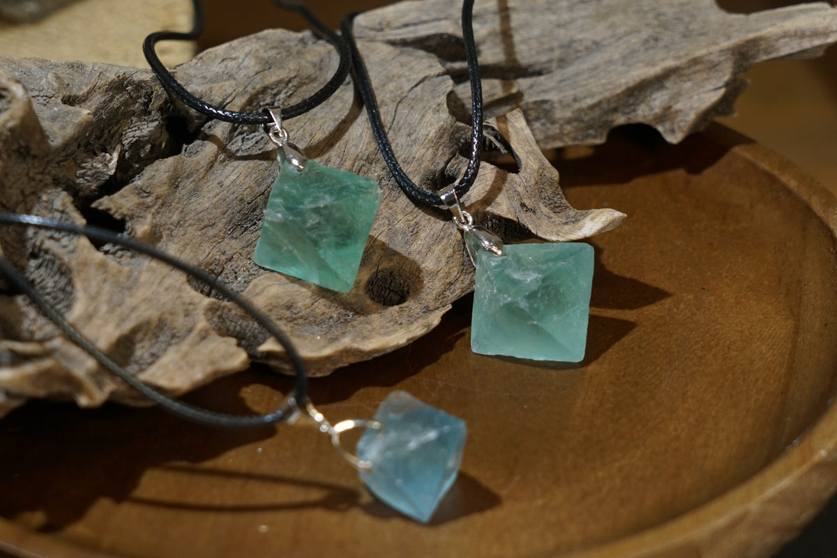 Blue Fluorite Cube Necklace | Natural 2cm Pendant on Vegan Cord