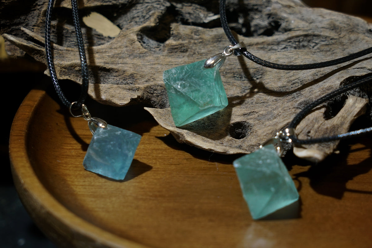 Blue Fluorite Cube Necklace | Natural 2cm Pendant on Vegan Cord