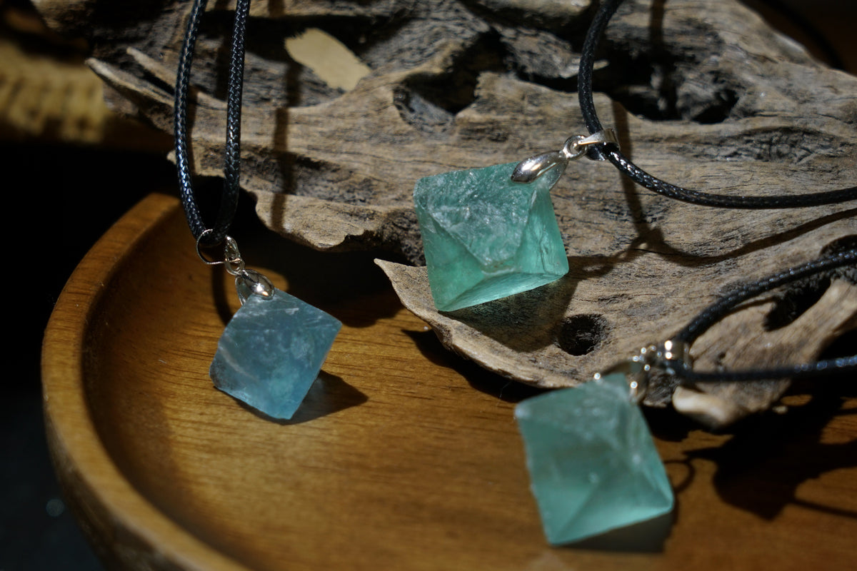 Blue Fluorite Cube Necklace | Natural 2cm Pendant on Vegan Cord