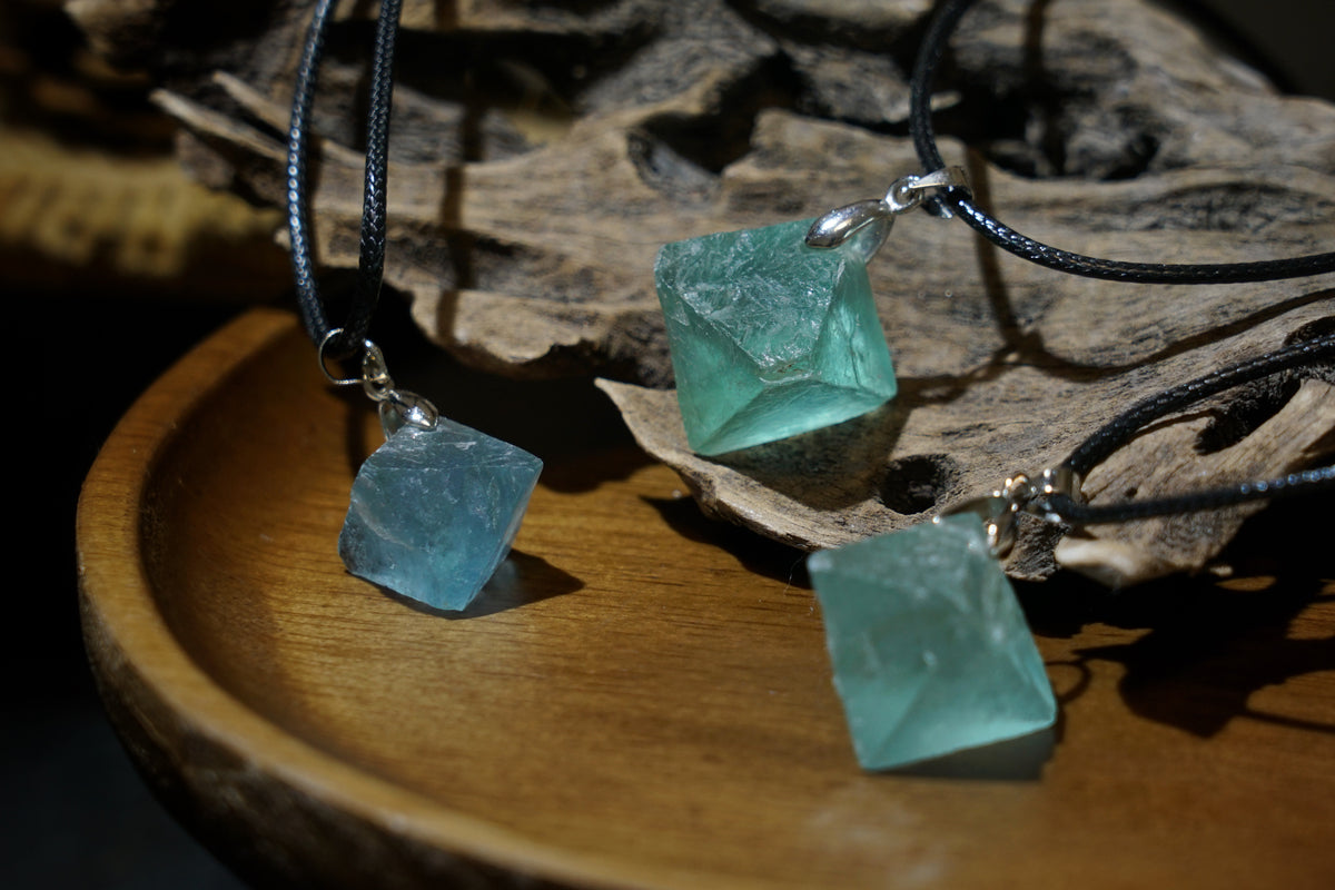 Blue Fluorite Cube Necklace | Natural 2cm Pendant on Vegan Cord