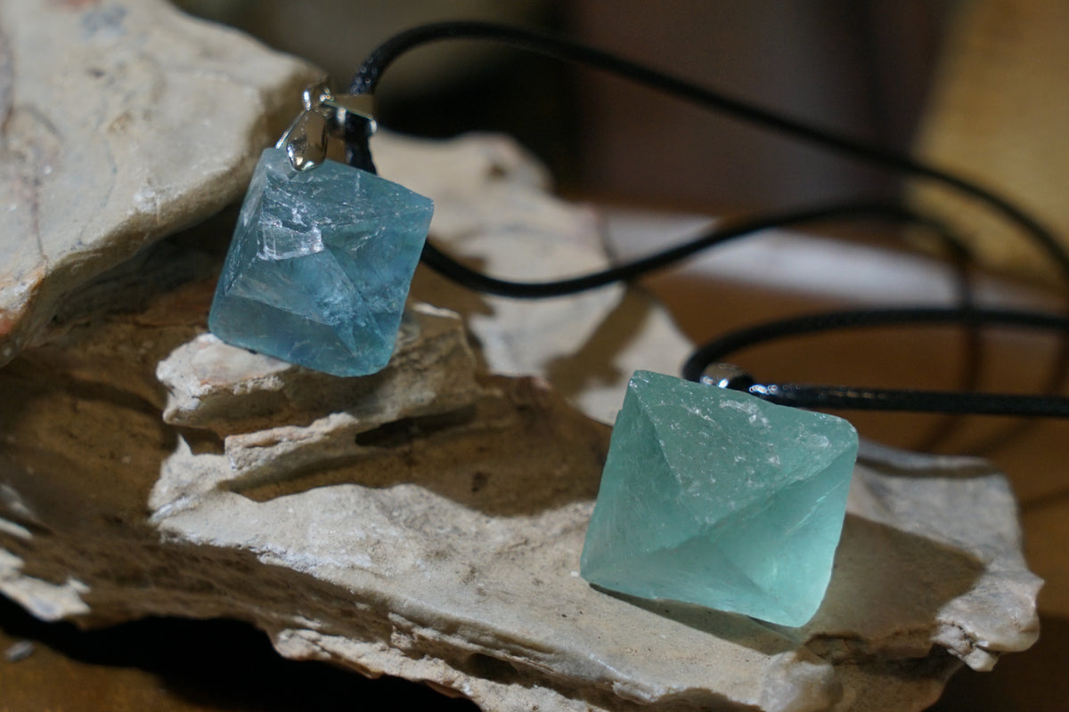 Blue Fluorite Cube Necklace | Natural 2cm Pendant on Vegan Cord