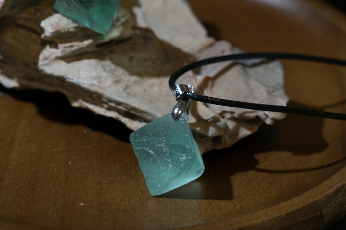 Green Fluorite Cube Necklace | Natural 2cm Pendant on Vegan Cord