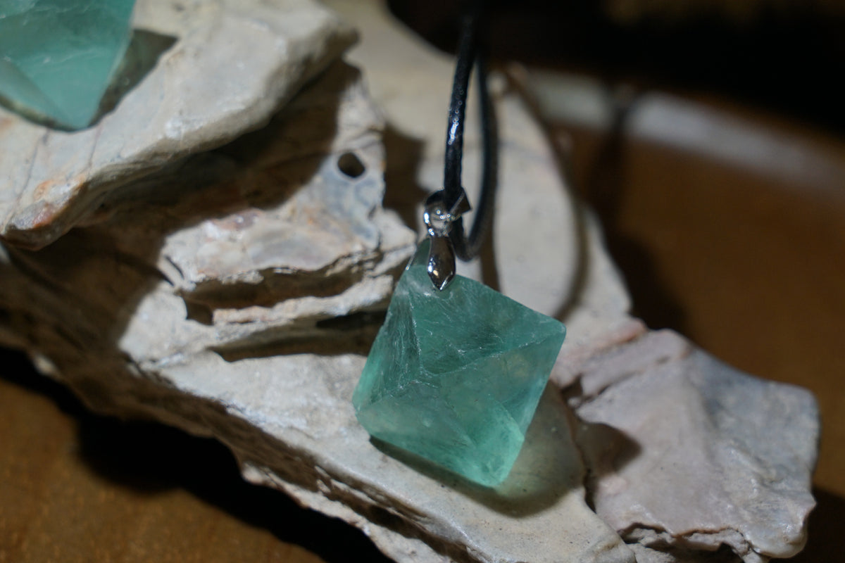 Green Fluorite Cube Necklace | Natural 2cm Pendant on Vegan Cord