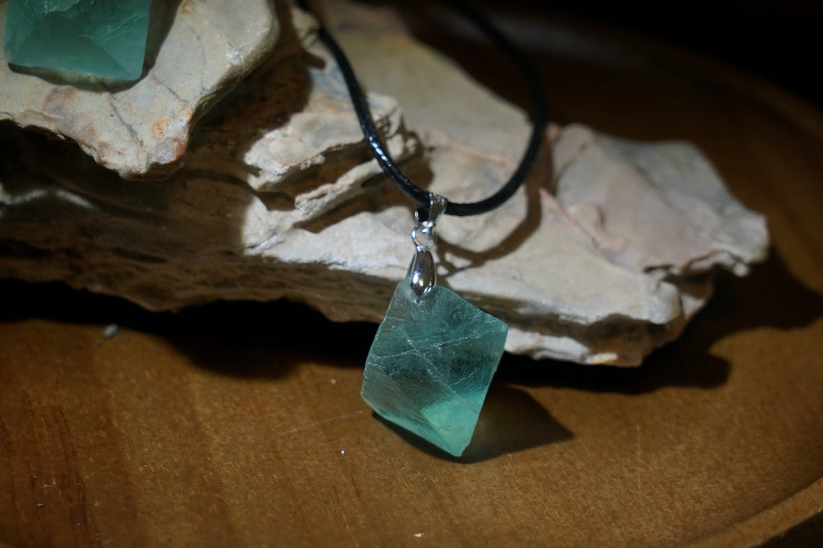Green Fluorite Cube Necklace | Natural 2cm Pendant on Vegan Cord