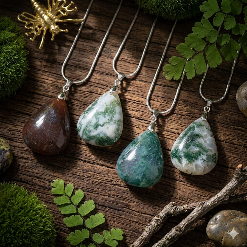 Moss Agate Teardrop Necklace | Natural 3cm Pendant